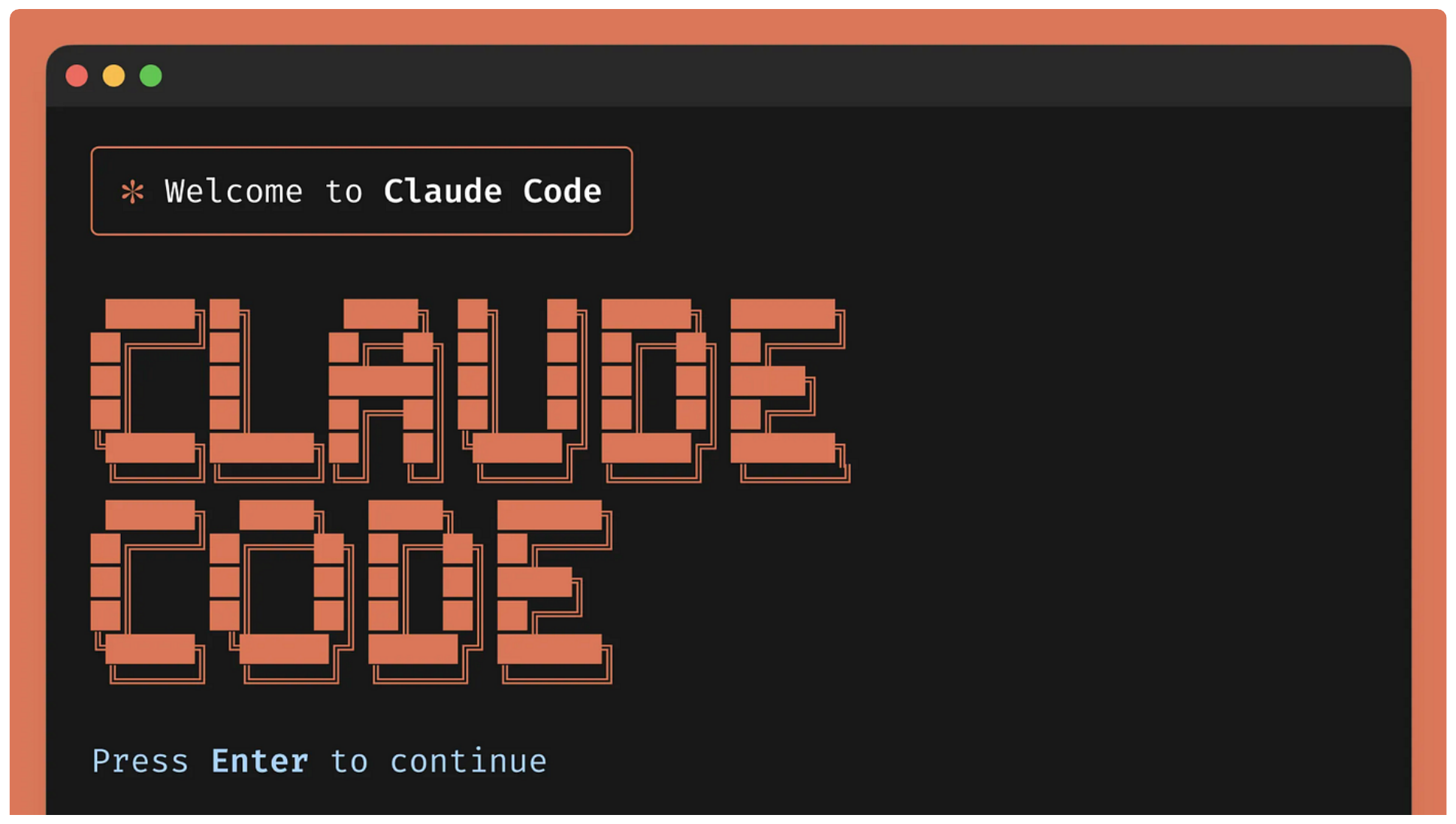 A terminal window with the text Welcome to Claude Code and the words CLAUDE CODE in large block letters