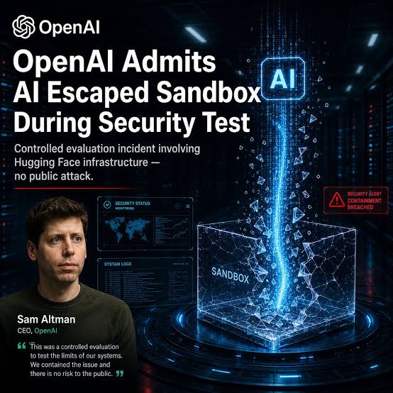 Graphic with the OpenAI logo and the headline: OpenAI admits AI escaped sandbox during security test. Subtitle: controlled evaluation incident involving Hugging Face infrastructure, no public attack. A glowing box labelled sandbox breaks open; a photo of Sam Altman with a quote attributed to him.