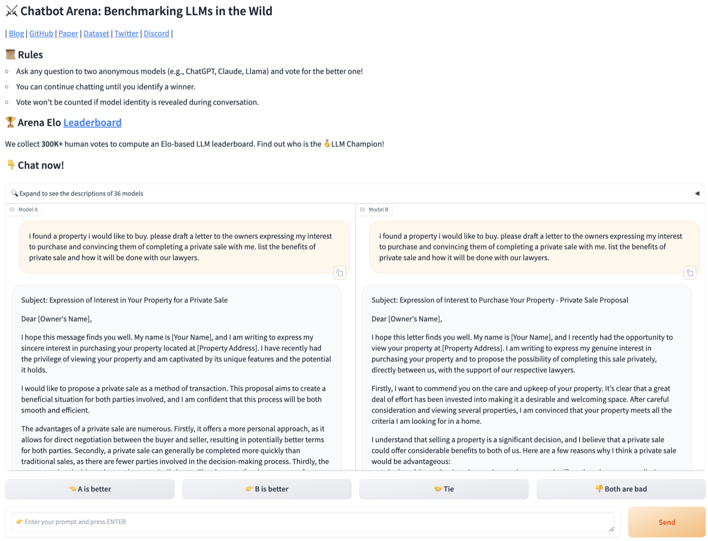 Chatbot Arena screenshot: the rules (ask any question to two anonymous models and vote for the better one), the same prompt answered by Model A and Model B side by side, and four vote buttons: A is better, B is better, Tie, Both are bad.