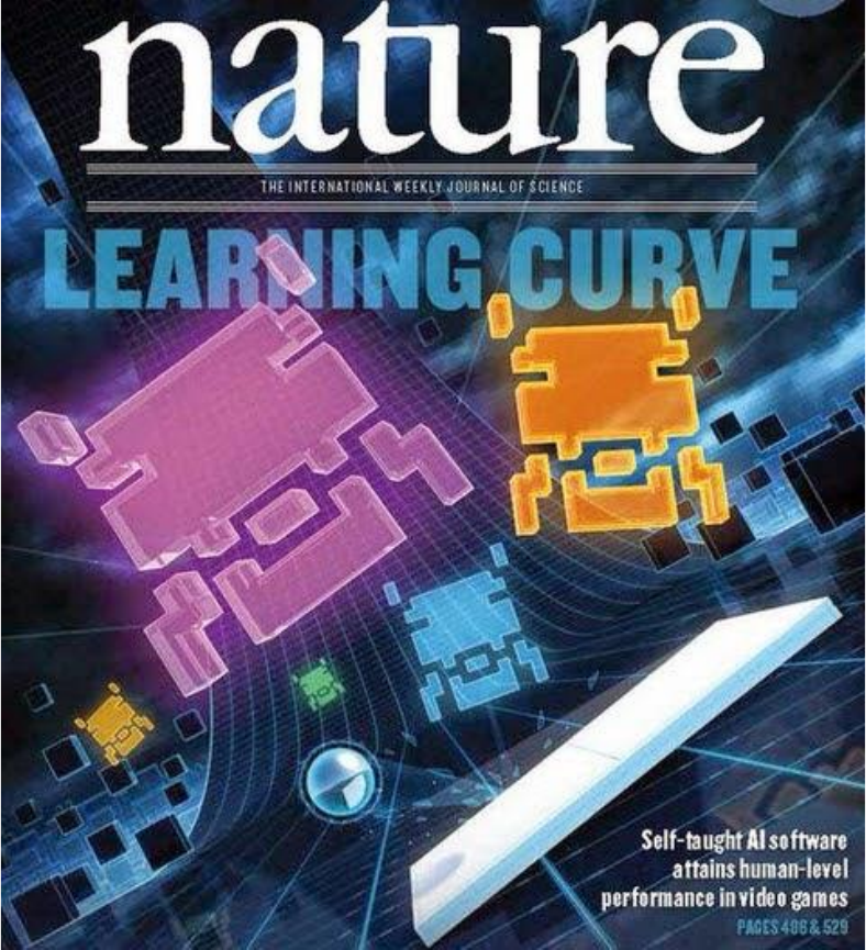 A cover of the journal Nature titled Learning curve, with pixel-art video game figures; the cover line reads: self-taught AI software attains human-level performance in video games