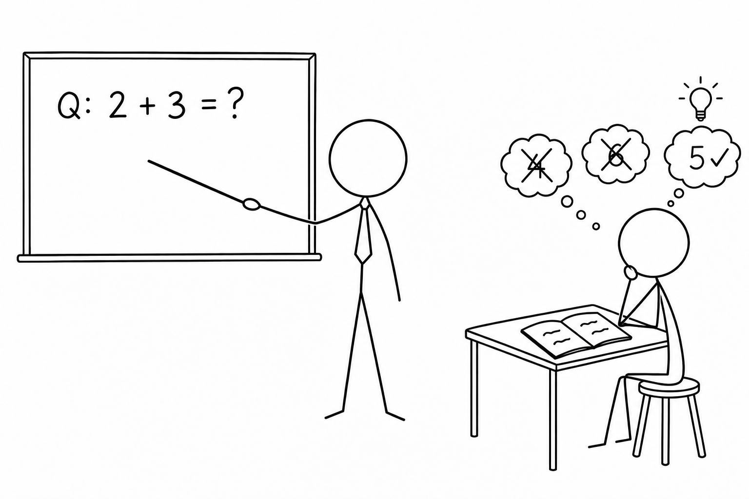 Comic in a stick-figure style. A teacher points to a board that shows only Q: 2 + 3 = ? A student at a desk thinks of three answers in thought bubbles: 4 is crossed out, 6 is crossed out, and 5 has a check mark and a light bulb.
