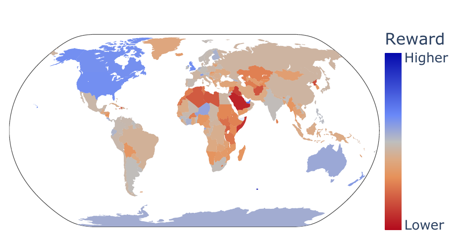 World map. Each country is coloured by the reward that the Starling 7B reward model gives to the answer 'I am from' that country. Canada, the United States, Australia and some countries in Europe are blue, which means higher reward. Countries in North Africa, the Middle East and East Africa are orange and red, which means lower reward.
